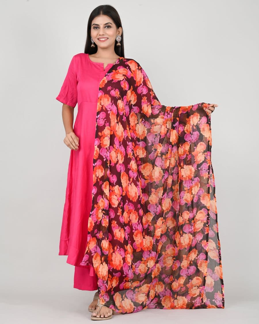 Fuchsia Kurta Set with Floral Dupatta, view 1