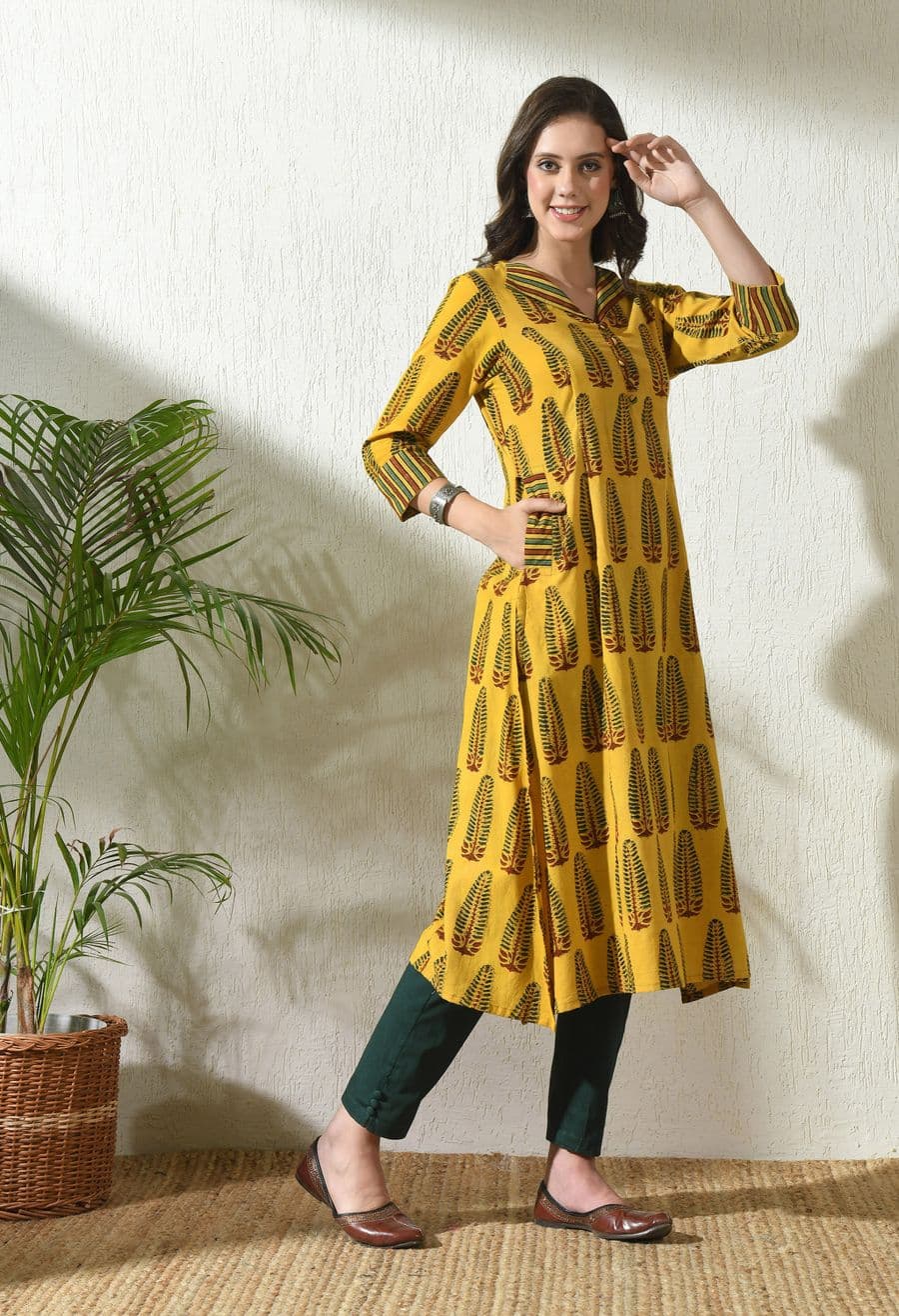 Mustard Ajrakh Printed Kurta, view 1