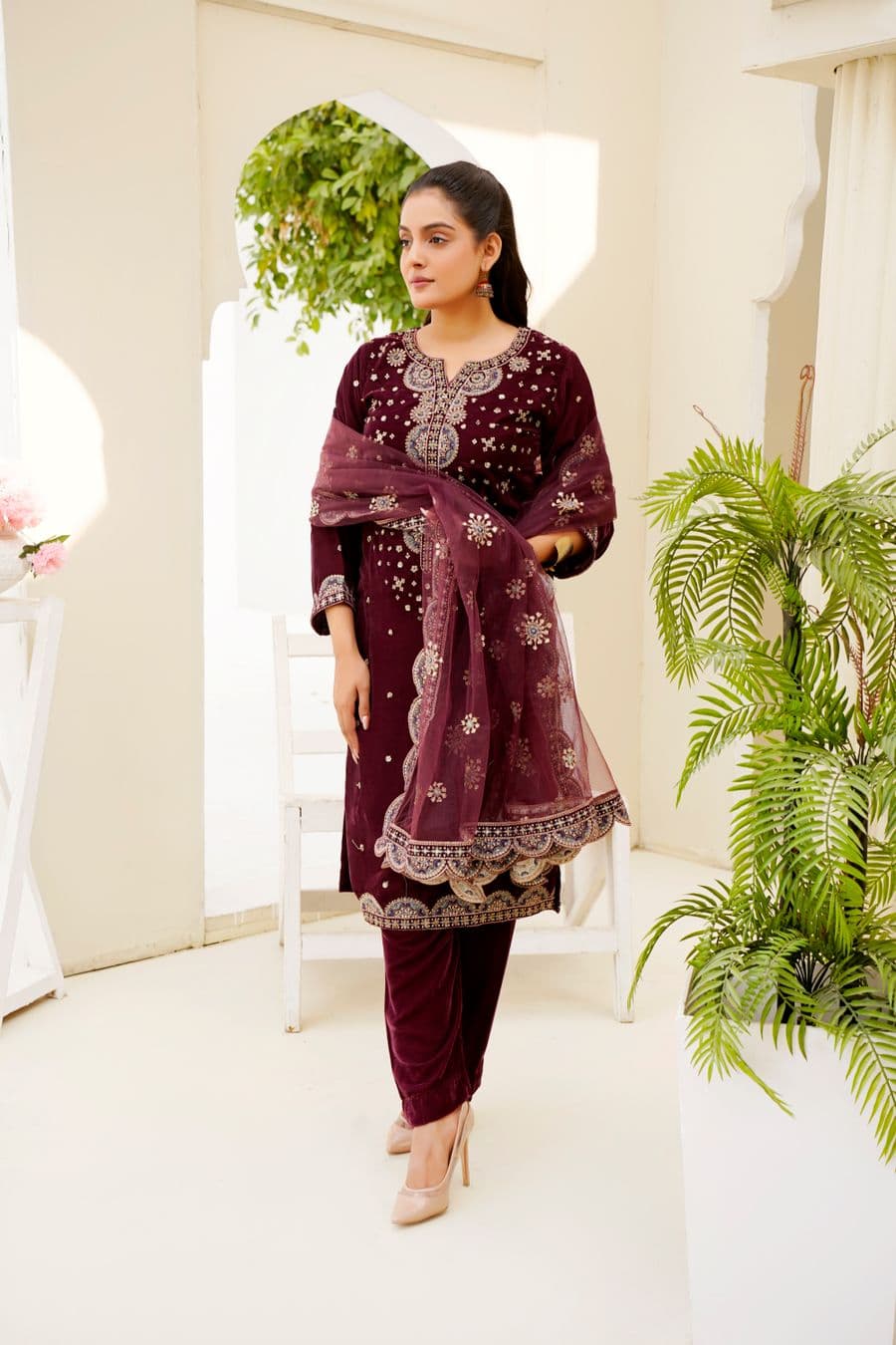 Wine Velvet-Touch Kurta Set, view 1