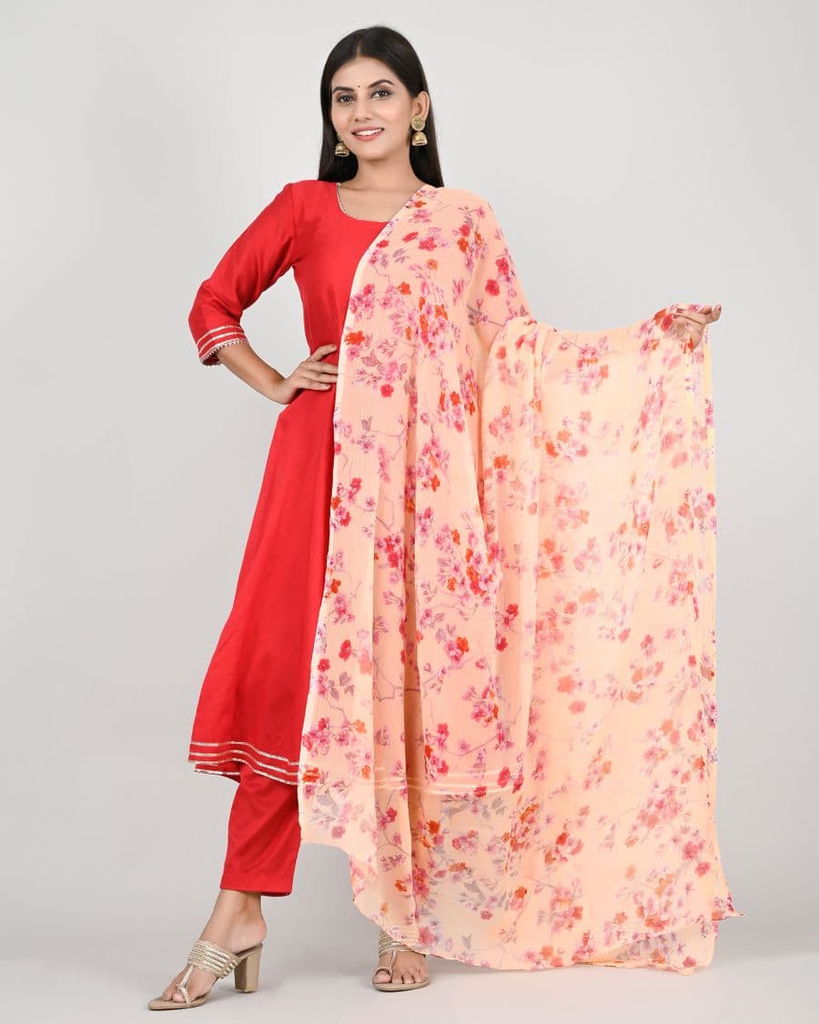 Coral Kurta Pant Set with Printed Dupatta, view 1